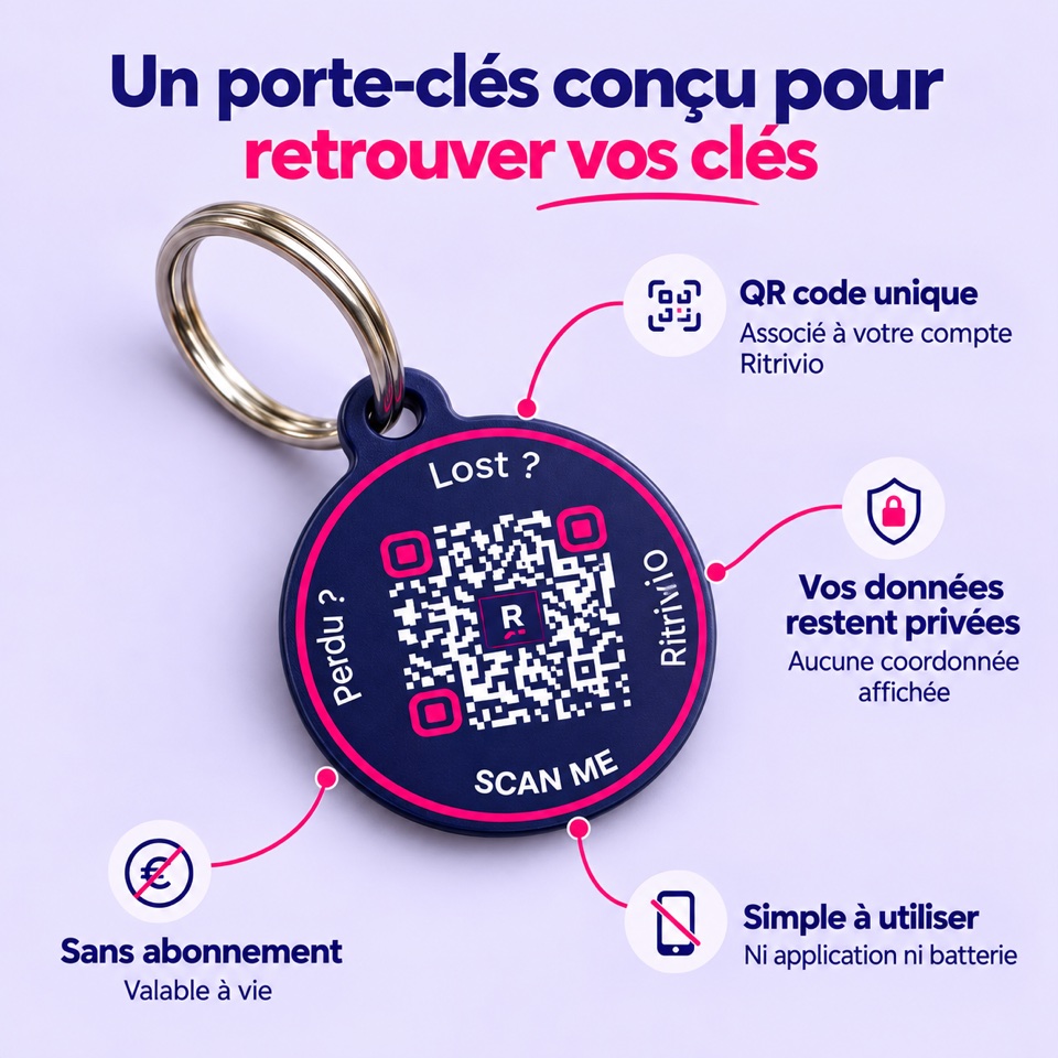Porte-clés Ritrivio avec des clés de maison sur la chaussée, une personne s’éloigne en arrière-plan.